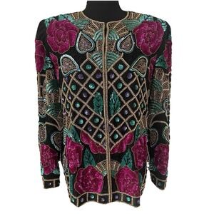 VTG JOAN LESLIE Sz M Silk Beaded Sequin‎ Jacket Floral *LOOKS BETTER IN PERSON!
